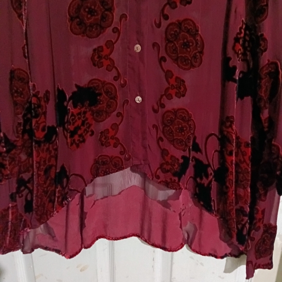 Citron Sz. 4X Rayon & Silk Mix Burgundy Velvet Burnout Button Down Tunic Blouse - Picture 11 of 16